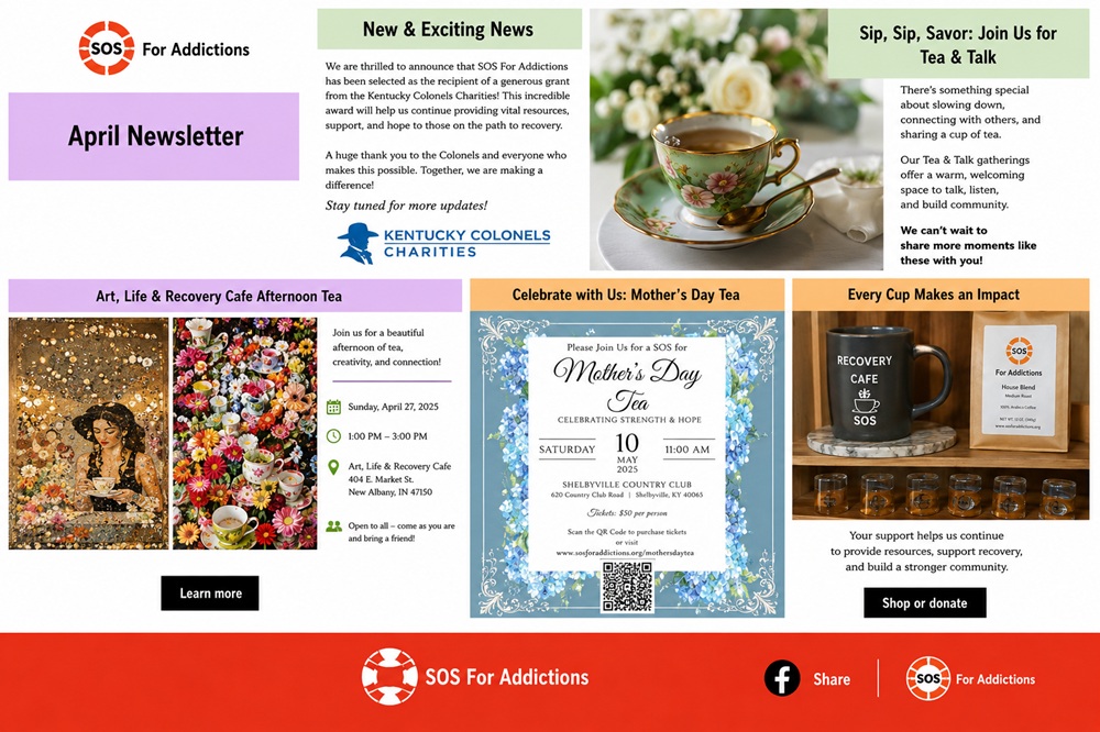 A collection of images from the April edition of the SOS newsletter